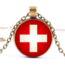 Tamgacrafts Isviçre Bronz Metal Kolye Switzerland Bayrağı Camlı Bayrak Kolye