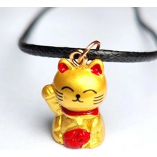 Tamgacrafts Maneki Neko Şans Kedisi Kolye Japon Bereket Kedisi 50 cm Deri Ip Turuncu Mini Figür