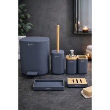 PremiumPort Bambu Detaylı 6’lı Banyo Seti, Mat Gri/antrasit, Organizer ve Pedallı Çöp Kovası