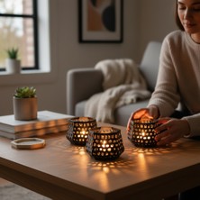 Major Hobi Modern Geometrik 3lü Dekoratif Mumluk Seti - Siyah Sofra ve Salon Aksesuarı