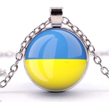 Tamgacrafts Ukrayna Gümüş Renk Cam Kolye Ukraine Bayrağı Yuvarlak Kolye Zincir