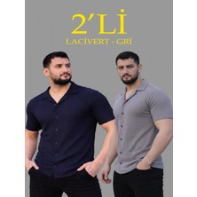 Efnaz Style Erkek Waffle Dokuma Açık Yakalı Düğmeli Regular Kalıp 2’li Gömlek Seti - Lacivert - Gri
