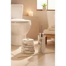 PremiumPort Mermer Desenli 4 Parça Banyo Seti, Çöp Kovası ve Tuvalet Fırçası