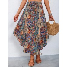 Livizmir Moda Kadın Beli Lastikli Bağcıklı Asimetrik Kesim Detaylı Desenli Bürümcük Etek