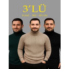 Efnaz Style Erkek Fitilli Triko Kazak 3lü Set Bej Haki Siyah Regular Balıkcı Yaka Tam Boğazlı Triko Seti Modeli Kazak