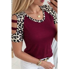 Sidelya Concept Kadın Kısa Kollu Yuvarlak Yaka Kollarda Şerit Detaylı Leoparlı Viskon Bluz