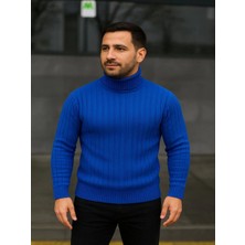 Efnaz Style Erkek Balıkcı Yaka Bağazlı Triko Kazak Pamuklu Kalın Fitilli Dokuma, Regular Fit Uzun Kollu Kışlık Model - Saks Mavisi
