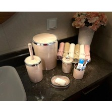 PremiumPort Akrilik Yuvarlak 5 Parça Mermer Desenli Banyo Seti Pembe-Gri