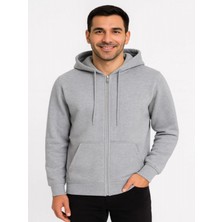 Efnaz Style Erkek Üç Iplik Kapüşonlu Tam Fermuarlı Kanguru Çepli Sweatshirt Hoodie - Gri