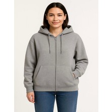 Efnaz Style Üç Iplik Kapüşonlu Tam Fermuarlı Kanguru Çepli Sweatshirt Hoodie - Gri