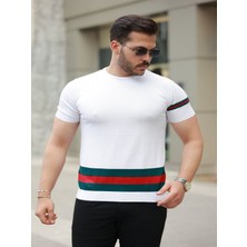 Efnaz Style Erkek Bisiklet Yaka Bel ve Kol Şerit Desenli Kısa Kollu Tişört