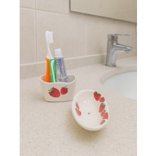 PremiumPort 2'li Banyo Seti, Çilek Desenli, Katı Sabunluk ve Diş Fırçalık, El Yapımı
