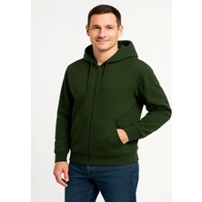 Efnaz Style Erkek Üç Iplik Kapüşonlu Tam Fermuarlı Kanguru Çepli Sweatshirt Hoodie - Haki