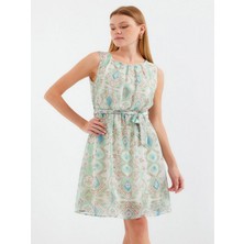 Efnaz Style 2501 Desenli Sıfır Kol Şifon Elbise - Mint
