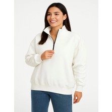 Efnaz Style Üç Iplik Dık Yaka Yarım Fermuarlı Sweatshirt - Beyaz