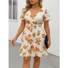 Efnaz Style Kadın Kısa Kollu Kruvaze Yakalı Desenli Süprem Kısa Elbise