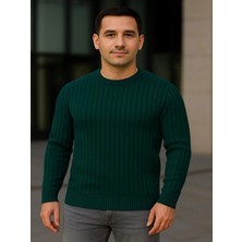 Efnaz Style Erkek Bisiklet Yuvarlak Yaka Triko Kazak Pamuklu Kalın Fitilli Dokuma, Regular Fit Uzun Kollu Kışlık Model - Haki