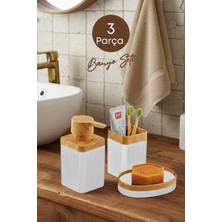 PremiumPort Ahşap Desenli Bohem Banyo Seti 3 Parça Beyaz, Sabunluklar ve Diş Fırçalık
