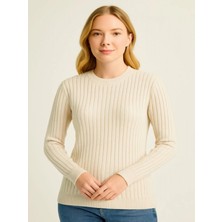 Efnaz Style Bisiklet Yuvarlak Yaka Triko Kazak Pamuklu Kalın Fitilli Dokuma, Regular Fit Uzun Kollu Kışlık Model - Bej