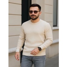 Efnaz Style Erkek Bisiklet Yuvarlak Yaka Triko Kazak Pamuklu Kalın Fitilli Dokuma, Regular Fit Uzun Kollu Kışlık Model - Bej