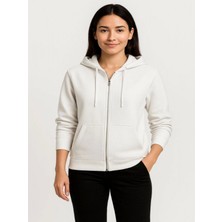 Efnaz Style Üç Iplik Kapüşonlu Tam Fermuarlı Kanguru Çepli Sweatshirt Hoodie - Beyaz