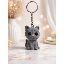 Özgürce Sevimli Kedi Gri Renk Örgü Desenli Anahtarlık, Hediyelik Plastik Aksesuar