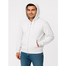 Efnaz Style Erkek Üç Iplik Kapüşonlu Tam Fermuarlı Kanguru Çepli Sweatshirt Hoodie - Beyaz