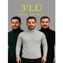 Efnaz Style Erkek Fitilli Triko Kazak 3lü Set Gri Haki Siyah Regular Balıkcı Yaka Tam Boğazlı Triko Seti Modeli Kazak