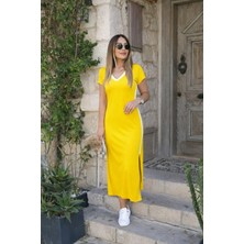 Livizmir Moda Kadın Kısa Kollu V Yakalı Yandan Şerit ve Yırtmaçlı Viskon Uzun Elbise