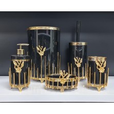 PremiumPort 5'li Akrilik Yuvarlak Banyo Seti Siyah Gold ve Kromaj Detaylarla