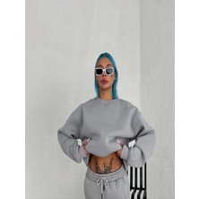 Efnaz Style Kışlık Bisiklet Yaka Üç Iplik Basic Sweatshirt - Gri