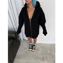 Efnaz Style Oversize Tam Fermuarlı Uzun Kol Hırka - Siyah