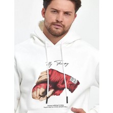 Efnaz Style Unisex Kapüşonlu Üç Iplik Oversize Baskılı Sweatshirt - Beyaz