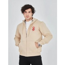 Efnaz Style Unisex Baskılı Tam Fermuarlı Kapşonlu Sweatshirt - Bej