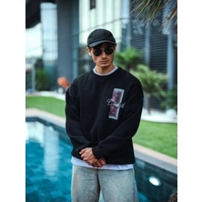 Efnaz Style Uzun Kol Bisiklet Yaka Ön ve Arka Baskılı Sweatshirt - Siyah