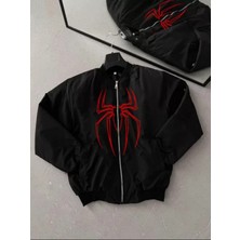 Efnaz Style Unisex Uzun Kol Örümcek Baskılı Bomber Ceket - Siyah