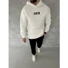 Efnaz Style Uzun Kol Kapşonlu Göğüs Baskılı Sweatshirt - Beyaz
