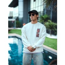 Efnaz Style Uzun Kol Bisiklet Yaka Ön ve Arka Baskılı Sweatshirt - Beyaz