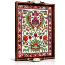 Özgürce El Yapımı Kütahya Çini Desenli Ahşap Tepsi 42X27 Cm, Dekoratif ve Servis Için
