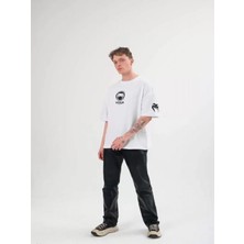 Efnaz Style Unisex Bisiklet Yaka Baskılı Oversize T-Shirt - Beyaz