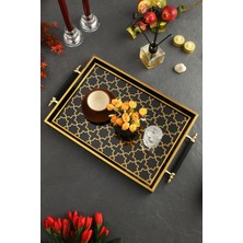 Özgürce Lüks Selçuklu Model Gold-Siyah Çerçeveli Sunum Tepsisi 46X28 cm