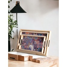 Özgürce 3’lü Ahşap Çini Desenli Servis ve Çeyizlik Tepsi Seti