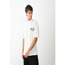 Efnaz Style Unisex Bisiklet Yaka Baskılı Oversize T-Shirt - Beyaz