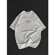Efnaz Style Unisex Bisiklet Yaka Baskılı Oversize T-Shirt - Beyaz