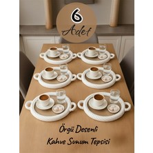 Özgürce 6'lı Beyaz Yuvarlak Plastik Kahve Sunum Tepsisi, Örgü Desenli Set