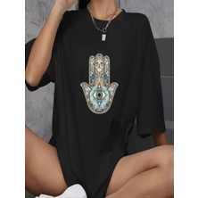 Efnaz Style Unisex Bisiklet Yaka Baskılı Oversize T-Shirt - Siyah
