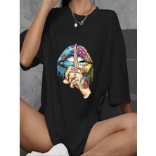 Efnaz Style Unisex Bisiklet Yaka Baskılı Oversize T-Shirt - Siyah