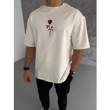 Efnaz Style Unisex Bisiklet Yaka Baskılı Oversize T-Shirt - Beyaz