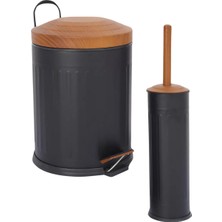 PremiumPort Şık Ahşap Kapaklı 2'li Banyo Seti, Siyah Vintage Tarz