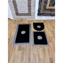 PremiumPort Şık Siyah Peluş Banyo Seti, Gümüş Varak Detaylı, Lüks ve Konforlu